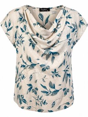 Papillon Linen Blend Teal Leaf Drape Neck Top NWT Small
